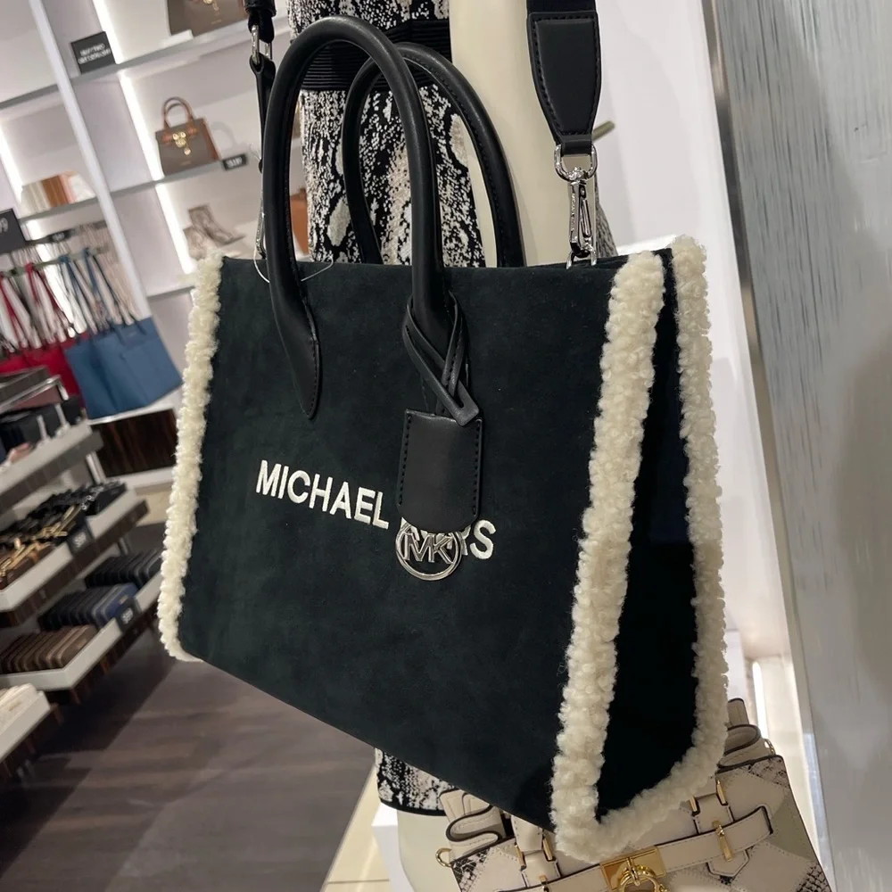MICHAEL KORS Mirella Medium Suede and Faux Shearling Tote Bag Black  NWT
